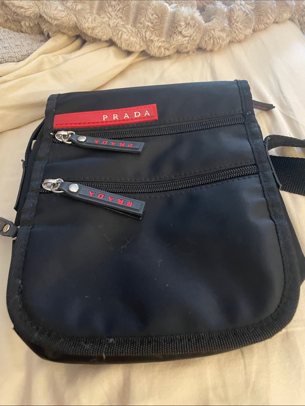 Prada Black Nylon Messenger Bag with Red Logo Accents